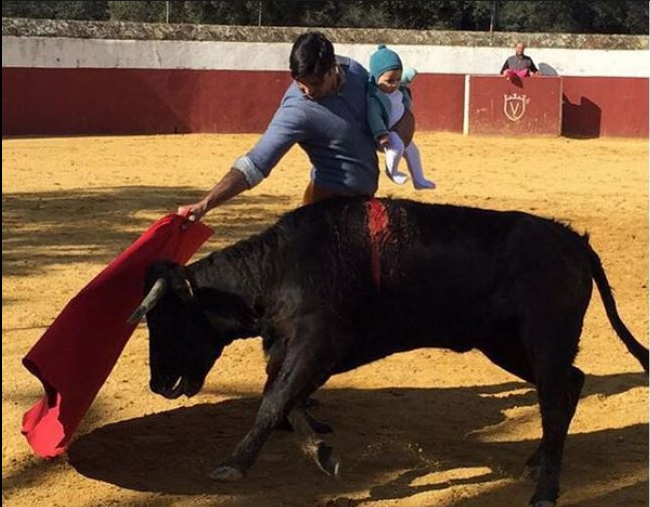 Nell'arena col toro e la figlia di 5 mesi in braccio!