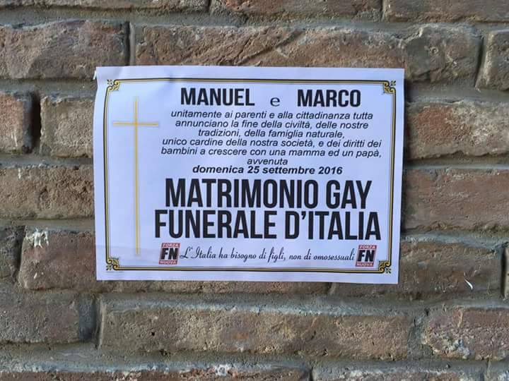 Prima unione civile a Cesena, spunta un manifesto funebre